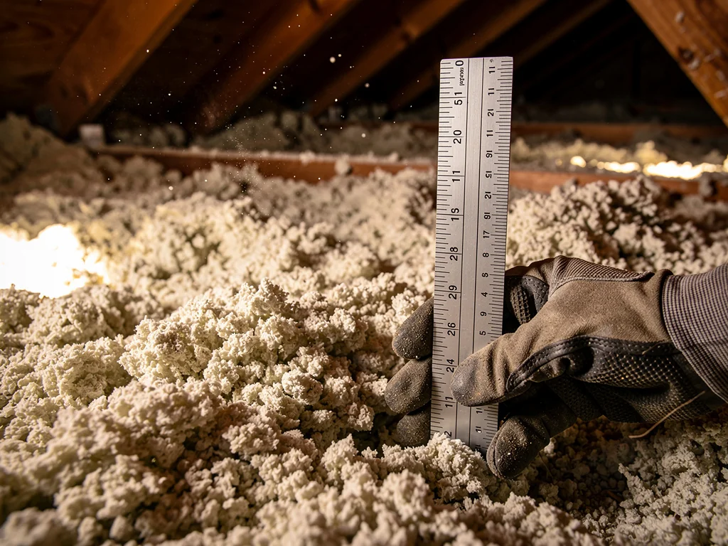 Artisan mesurant l'épaisseur d'isolant soufflé à l'aide d'une jauge graduée